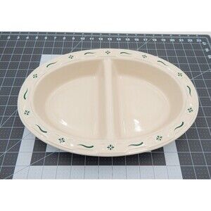 Longaberger Pottery Woven Traditions Heritage Green Oval Divided Serving Dish